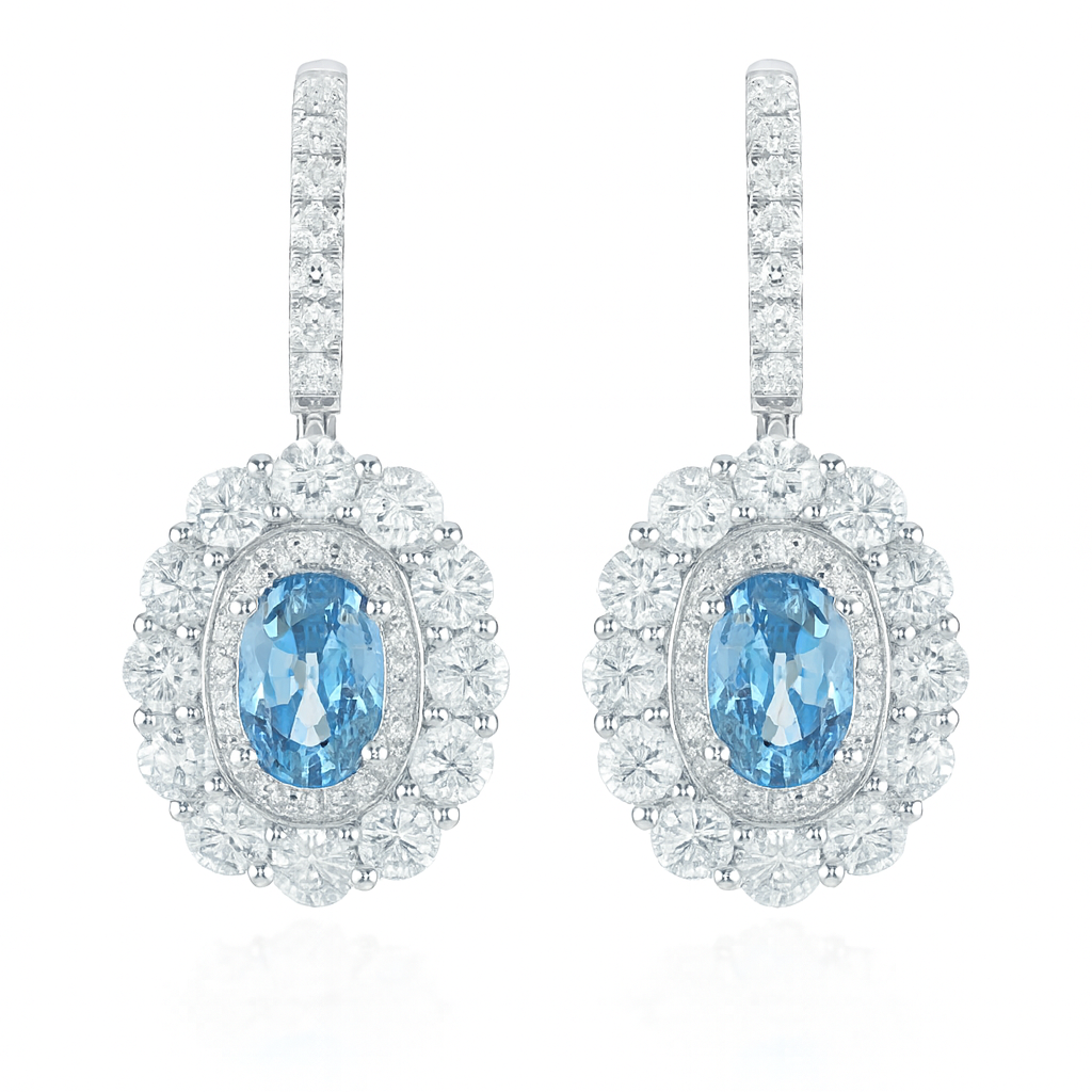 Blue Radiance Aquamarine & Diamond Oval Halo Earrings