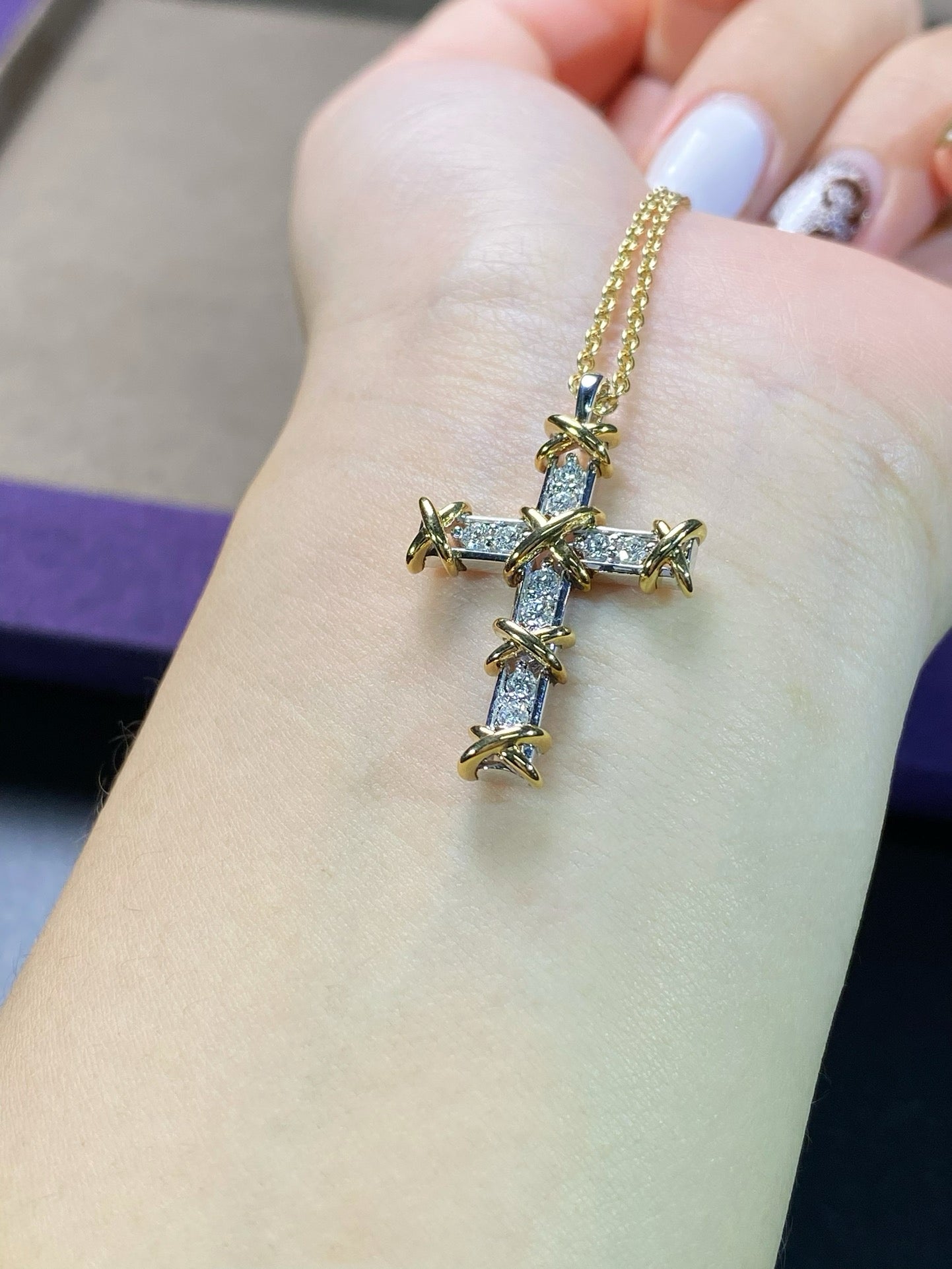 Baguette Diamond Cross Pendant in Yellow Gold
