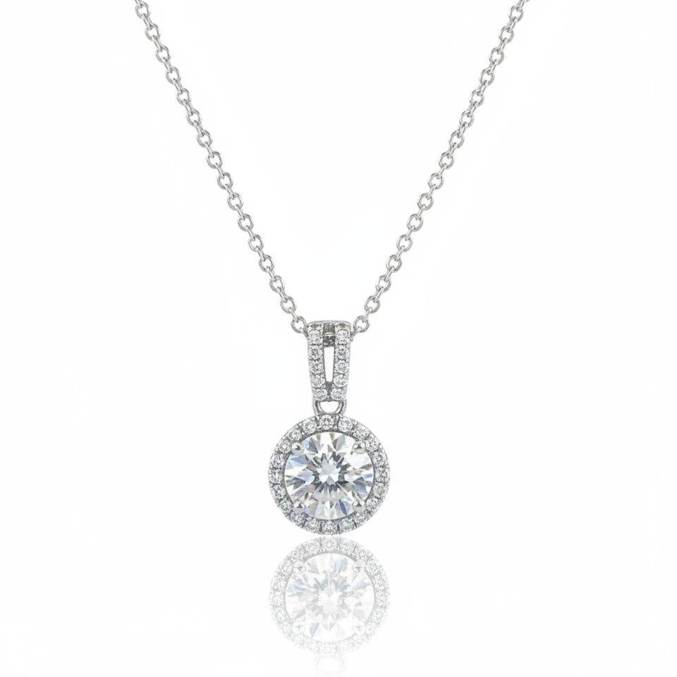 Round Halo Diamond Pendant in White Gold