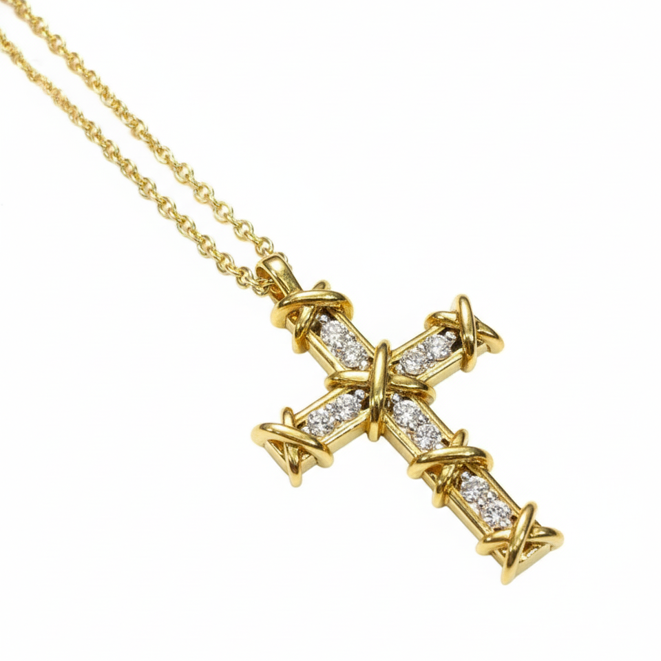 Baguette Diamond Cross Pendant in Yellow Gold