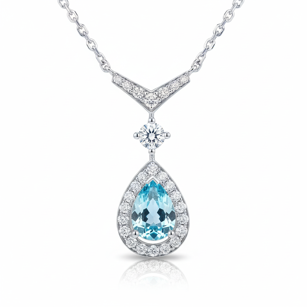 Ocean Tear Aquamarine Halo Pendant